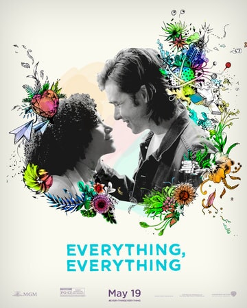 Maddy and Olly surrounded by drawn flowers with "Everything, Everything" logo below