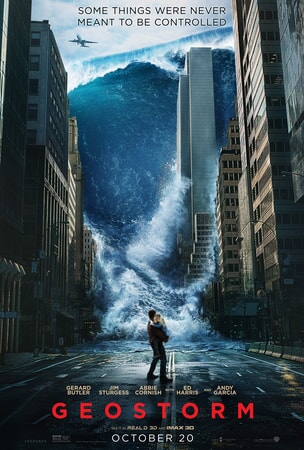 Geostorm keyart: Tsumani wave crashing between city buildings