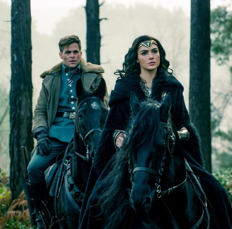CHRIS PINE as Steve Trevor and GAL GADOT as Diana in the action adventure "WONDER WOMAN," a Warner Bros. Pictures release.