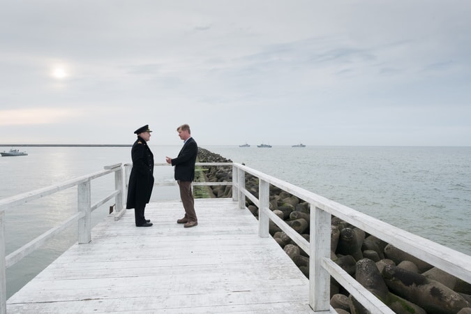 KENNETH BRANAGH and director/writer/producer CHRISTOPHER NOLAN on the set of the Warner Bros. Pictures action thriller "DUNKIRK," a Warner Bros. Pictures release.