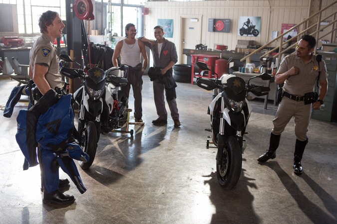 DAX SHEPARD as Jon, ARTURO DEL PUERTO as Carlos, RENE MORAN as Jose and MICHAEL PEÑA as Ponch in Warner Bros. Pictures' action comedy "CHIPS," a Warner Bros. Pictures release.