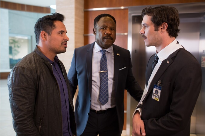 MICHAEL PEÑA as Ponch, ISIAH WHITLOCK JR. as Peterson and ADAM BRODY as Clay Allen in Warner Bros. Pictures' action comedy "CHIPS," a Warner Bros. Pictures release.