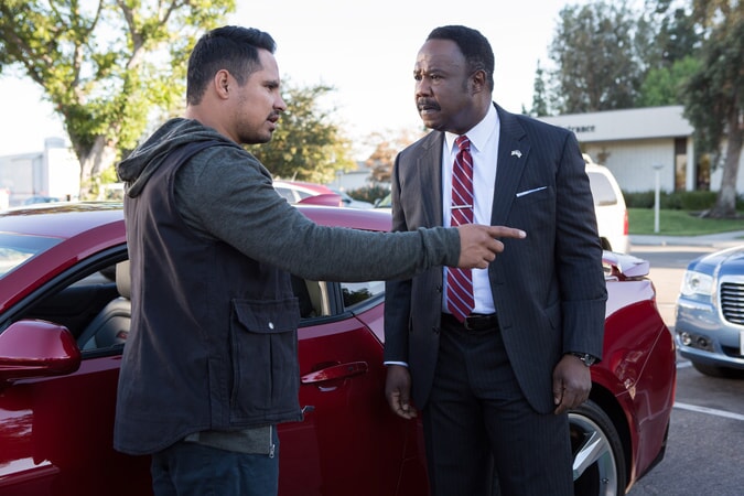 MICHAEL PEÑA as Ponch and ISIAH WHITLOCK JR. as Peterson in Warner Bros. Pictures' action comedy "CHIPS," a Warner Bros. Pictures release.