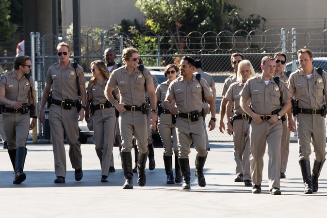 RYAN HANSEN as Brian Grieves, JESS ROWLAND as Rathbun, JESSICA McNAMEE as Lindsey Taylor, DAX SHEPARD as Jon, ROSA SALAZAR as Ava Perez and MICHAEL PEÑA as Ponch in Warner Bros. Pictures' action comedy "CHIPS," a Warner Bros. Pictures release.