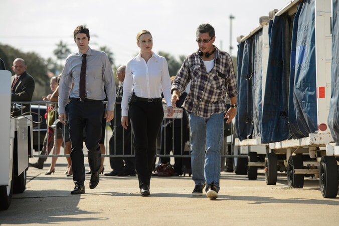 JIM STURGESS, ABBIE CORNISH and director DEAN DEVLIN on the set of Warner Bros. Pictures' and Skydance's suspense thriller "GEOSTORM," a Warner Bros. Pictures release.