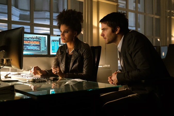 ZAZIE BEETZ as Dana and JIM STURGESS as Max Lawson in Warner Bros. Pictures' and Skydance's suspense thriller "GEOSTORM," a Warner Bros. Pictures release.