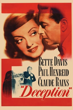 Deception keyart features Bette Davis and Paul Henreid with red background