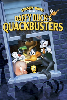 Daffy Duck's Quackbusters - Daffy wearing hat with Looney tunes peeking out the window