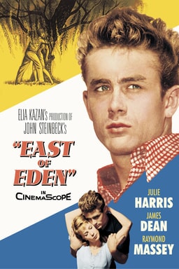 East of Eden - James Dean looking off into the right and corner yellow, corner right blue