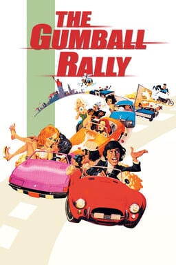 The Gumball Rally - A train of cars in a cartoon with The Gumball Rally in red logo on top