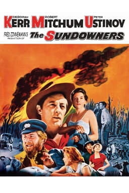 The Sundowners (1960) - Image of fire burning fuels with characters in the center on white background