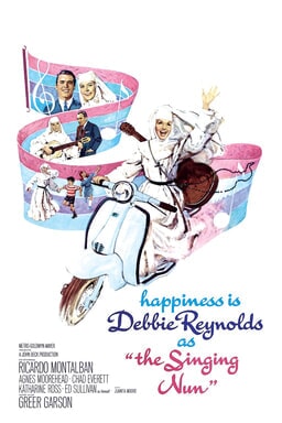 The Singing Nun - Debbie Reynolds on a white motorbike with a musical note trail behind