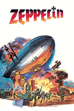 A colossal silver airship looms out of the clouds above the English Channel with explosions below and soldiers running