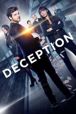 Cast of Deception with buildings from the ground-up perspective behind them