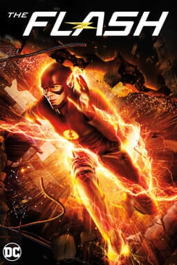 Grant Gustin as The Flash running through a brick wall surrounded by electric energy with The Flash logo above