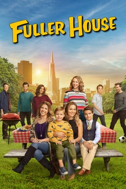 Fuller House: Season 5 - Cast sitting and standing around a picnic bench with skyline and sunrise