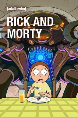 Rick and Morty: Season 5 - Morty eating at table with alien behind and his face in horror