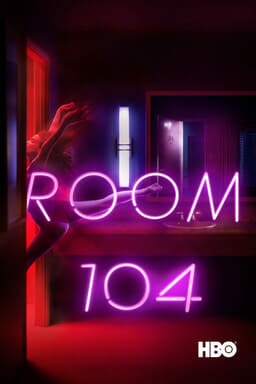 Room 104: Season 1 - Neon light room with reddish tinge with someone coming out of the door