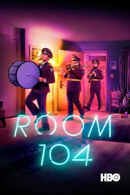 Room 104: Season 2 - Three cast members in marching band uniform in a line coming out from room