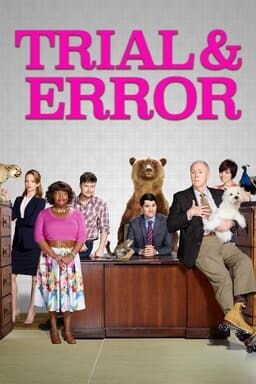 Trial &amp; Error cast sitting and leaning on desk with show logo above