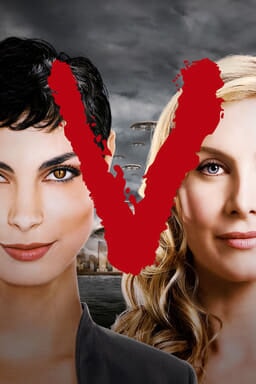 V: The Complete Series - Jane Badler and June Chadwick with a grey sky background and red letter "V"