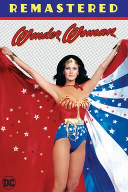 Wonder Woman: Season 2 - Lynda Carter in Wonder Woman costumer holding a flag up to the sky