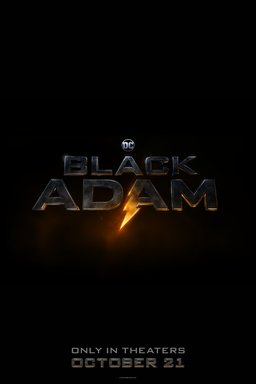 Black Adam - Logo with lightning flash in block gold letters and date below on black bg
