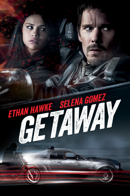 Getaway (2013) - Selena Gomez and Ethan Hawke in a black car looking at the right