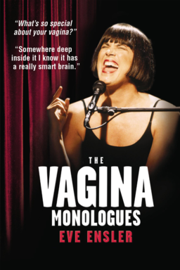 The Vagina Monologues - Eve Ensler squinting over the mic with a red curtain backdrop
