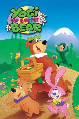 Yogi the Easter Bear - Yogi running with a wooden basket full of eggs from forest reserve on trail