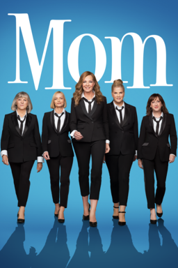 Mom: Season 8 - Cast in black suits nd black heels walking towards camera on blue background