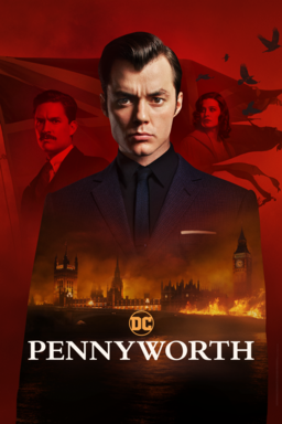 Pennyworth: Season 2 - Jack Bannon looking serious into camera with flag and red background mansion