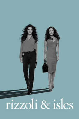 Rizzoli & Isles: Season 7 - Angie Harmon and Sasha Alexander walking in power stances aqua bg