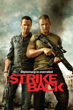 Strike Back: Season 2 -Philip Winchester and Sullivan Stapleton looking down at the camera with guns