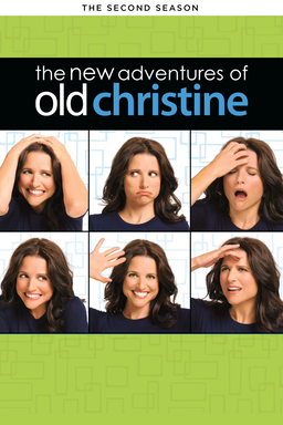 Julia Louis-Dreyfus as Christine Campbell in collage making faces layered on bright green background