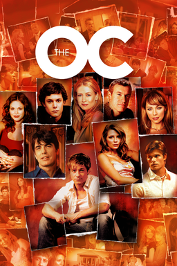 The O.C.: Season 1 - Collage of cast on red hue with photo collage of main cast on top