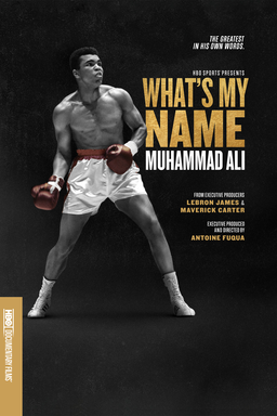 What's My Name: Muhammad Ali - Black background with Muhammad Ali in red boxing gloves and shorts