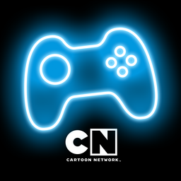 Cartoon Network Arcade - Playstation holder lit with blue neon light above black CN bg and logo